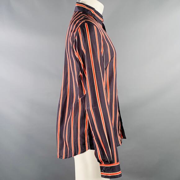 BAGUTTA Size S Black Red Beige Stripe Silk Curved Cutaway Long Sleeve Shirt - Picture 2 of 5